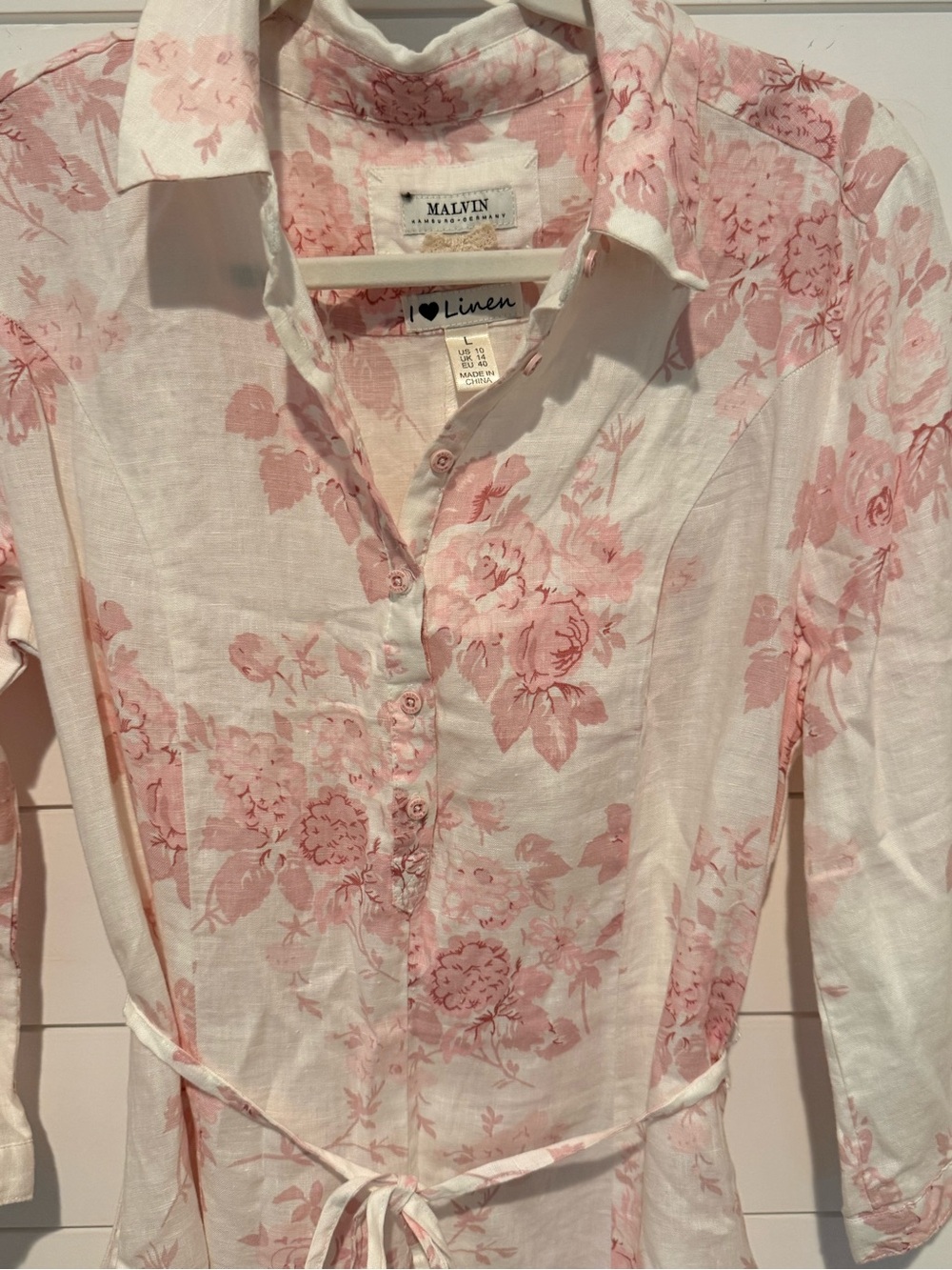 Malvin 100% Linen Pink Floral Shirt Dress Cottagecore European Fashion Size L - Picture 3 of 6